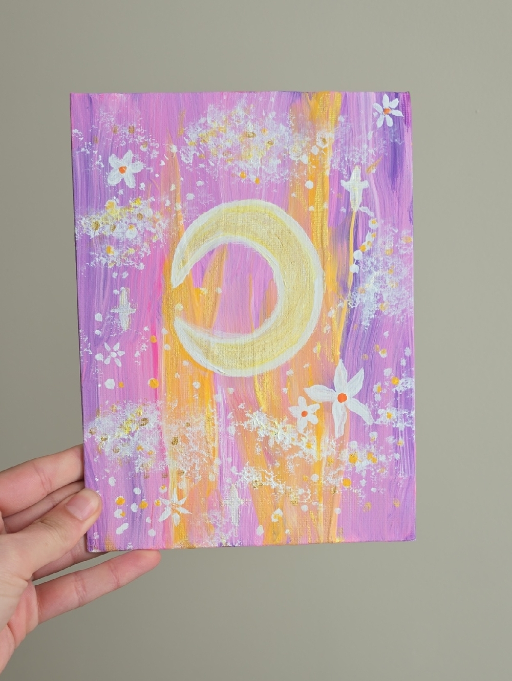Handpainted Crescent Moon Floral Canvas - Pink & Gold